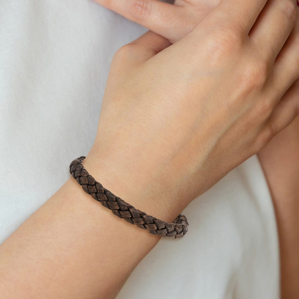 Chisel Stainless Steel Polished Brown Woven Leather 8.75 inch Bracelet