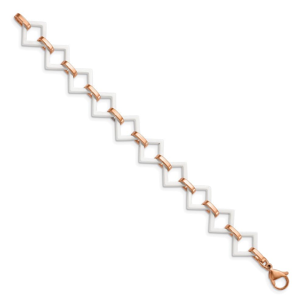 Chisel Stainless Steel Polished Rose IP-plated with White Ceramic Open Link Bracelet