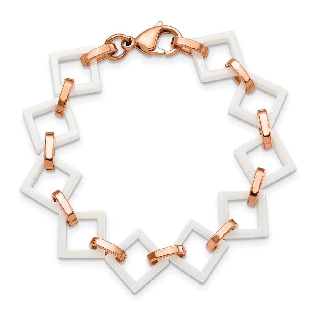 Chisel Stainless Steel Polished Rose IP-plated with White Ceramic Open Link Bracelet