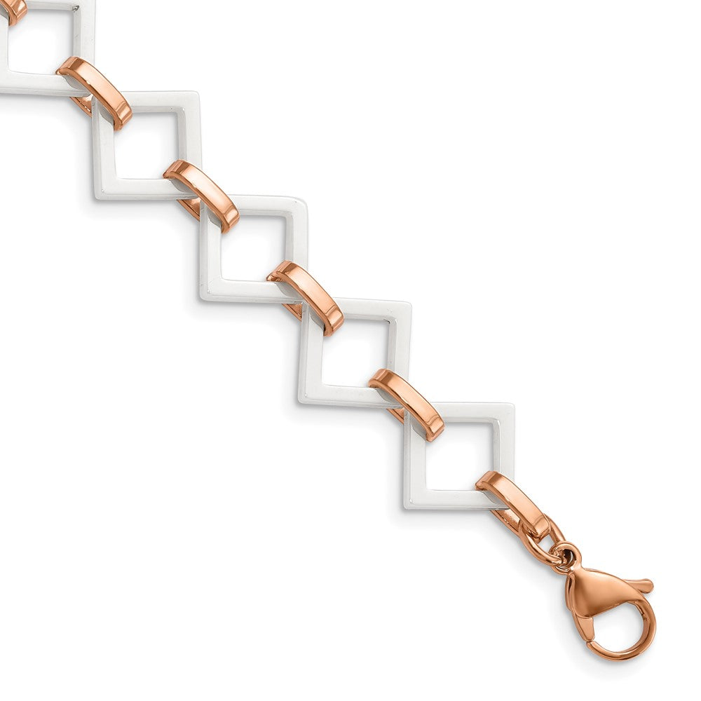 Chisel Stainless Steel Polished Rose IP-plated with White Ceramic Open Link Bracelet