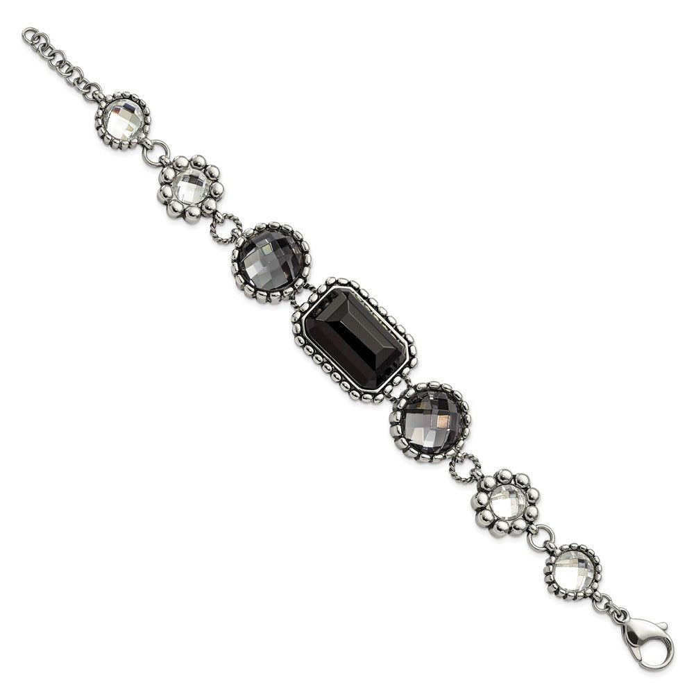 Stainless Steel Polished/Antiqued Glass Beaded w/1in ext. Bracelet