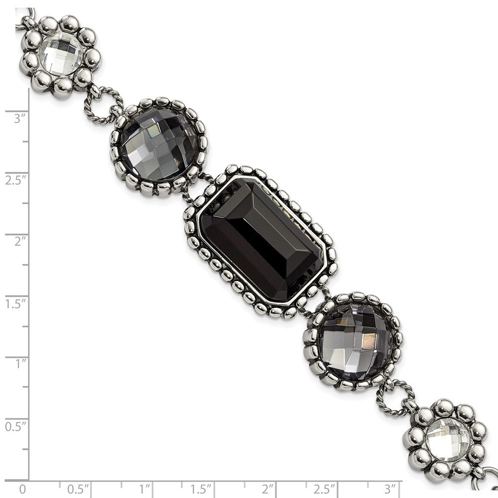 Stainless Steel Polished/Antiqued Glass Beaded w/1in ext. Bracelet