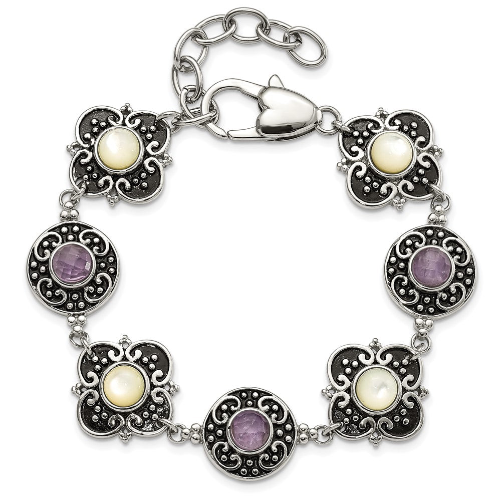Stainless Steel Polished & Antiqued Mother of Pearl & Purple Glass w/ 1.5in ext Bracelet