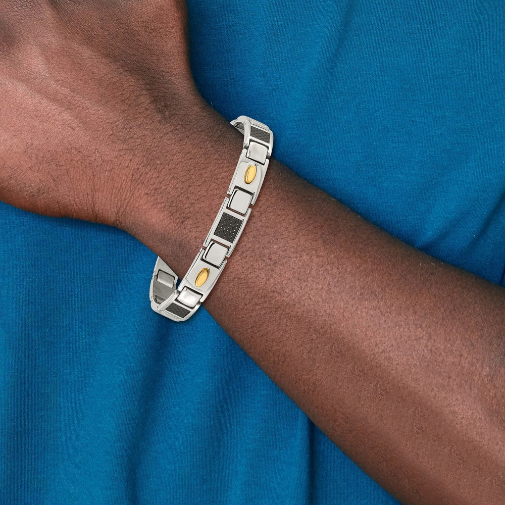Chisel Stainless Steel Polished Yellow IP-plated with Black Carbon Fiber Inlay 9.5 inch Link Bracelet