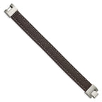 Stainless Steel Polished Brown Leather 8in Bracelet