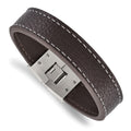 Stainless Steel Polished Brown Leather 8in Bracelet