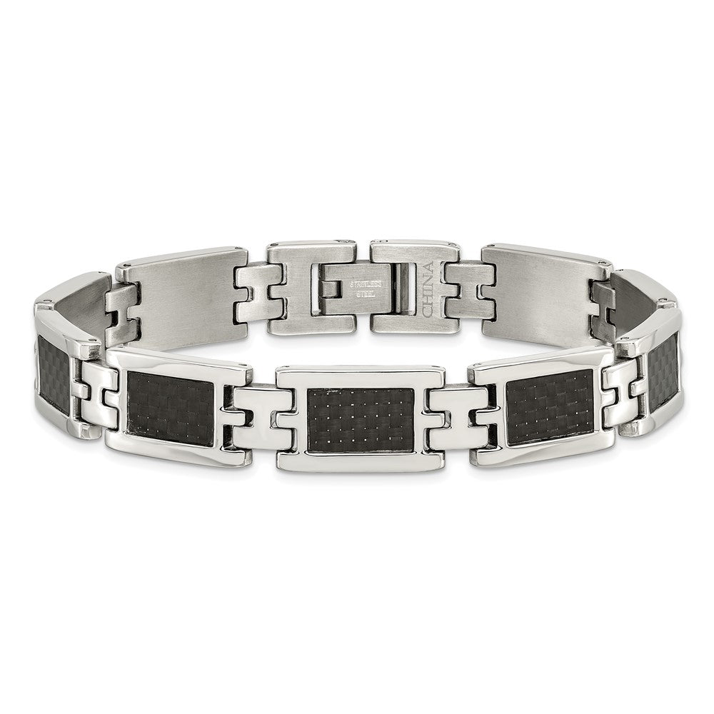 Chisel Stainless Steel Polished with Black Carbon Fiber Inlay 9.25 inch Link Bracelet