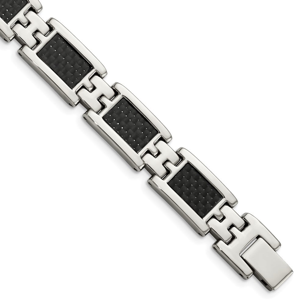 Chisel Stainless Steel Polished with Black Carbon Fiber Inlay 9.25 inch Link Bracelet