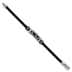 Chisel Stainless Steel Polished with Antiqued Beads Braided Black Leather 8.25 inch Bracelet