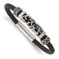 Chisel Stainless Steel Polished with Antiqued Beads Braided Black Leather 8.25 inch Bracelet