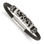 Chisel Stainless Steel Polished with Antiqued Beads Braided Black Leather 8.25 inch Bracelet