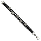 Stainless Steel Polished Black Leather 8.5in Bracelet