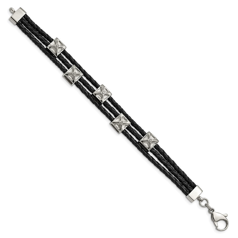 Stainless Steel Polished Black Leather 8.5in Bracelet