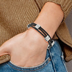 Stainless Steel Polished Black Leather 8.5in Bracelet