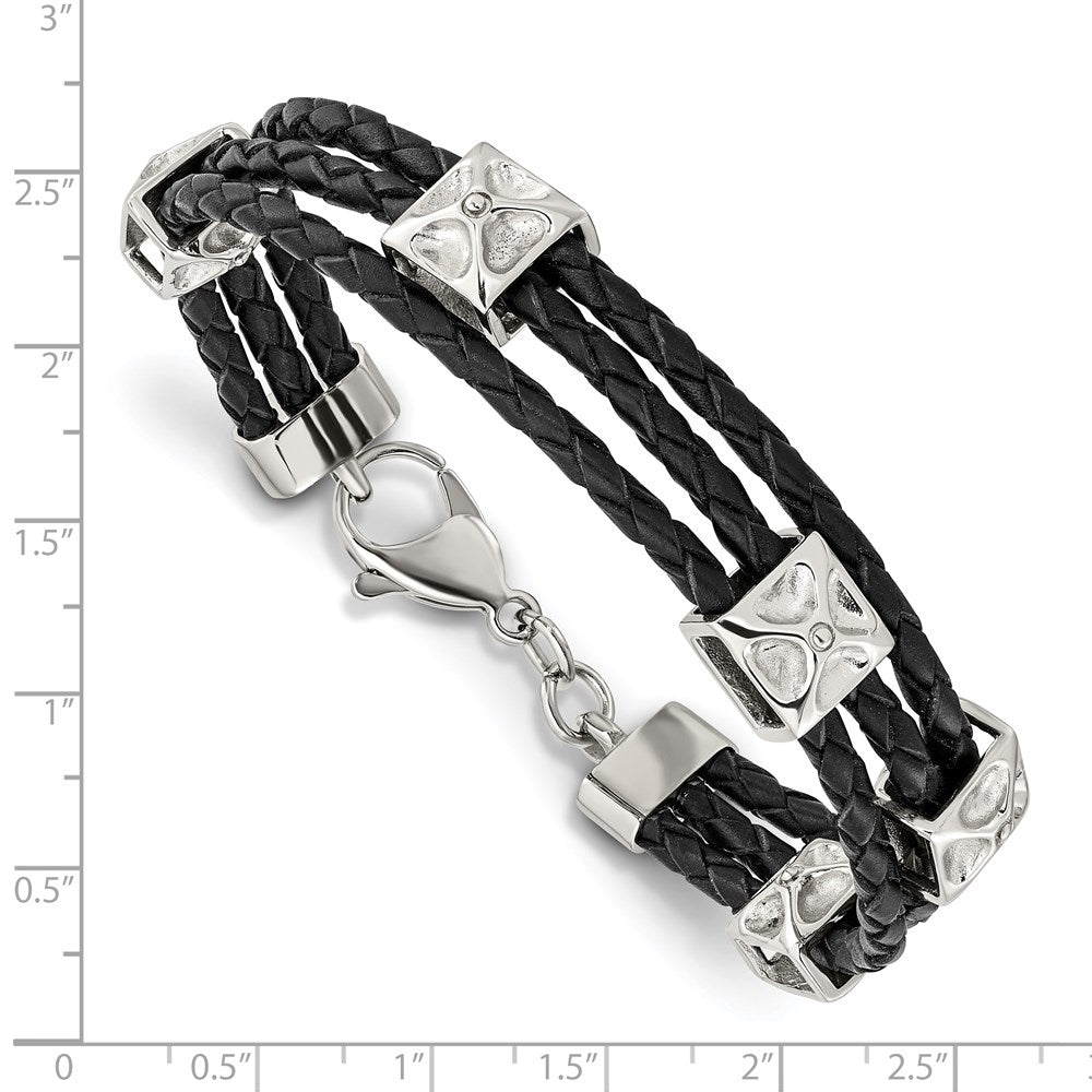 Stainless Steel Polished Black Leather 8.5in Bracelet