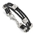 Stainless Steel Polished Black Leather 8.5in Bracelet