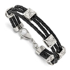 Stainless Steel Polished Black Leather 8.5in Bracelet