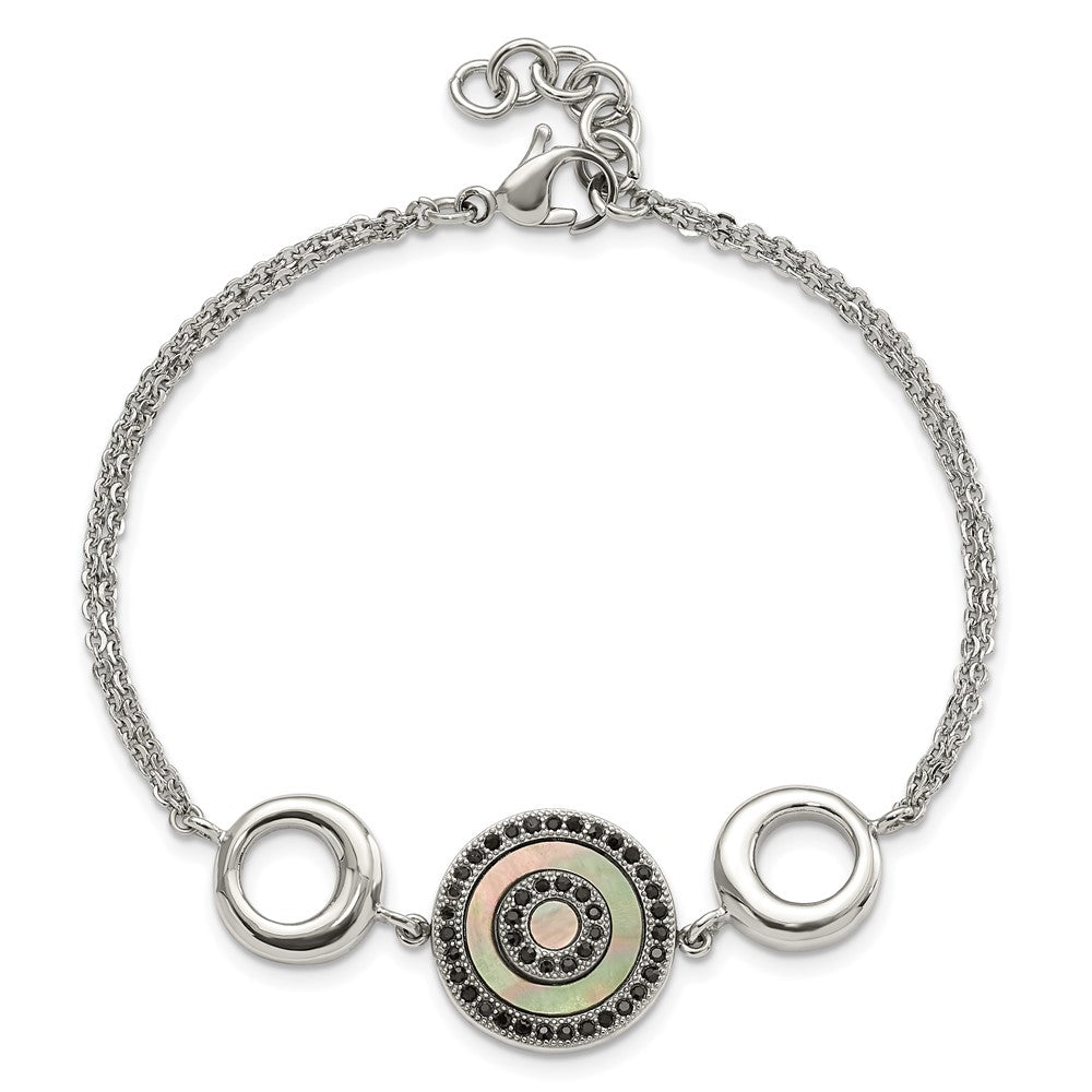 Stainless Steel Polished Black MOP & Crystal w/.5in ext Bracelet