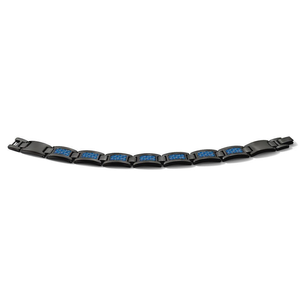 Chisel Stainless Steel Polished Black IP-plated with Blue Carbon Fiber Inlay 8.25 inch Link Bracelet