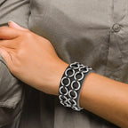 Stainless Steel Polished Textured Black Leather 7.75in Bracelet