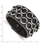 Stainless Steel Polished Textured Black Leather 7.75in Bracelet