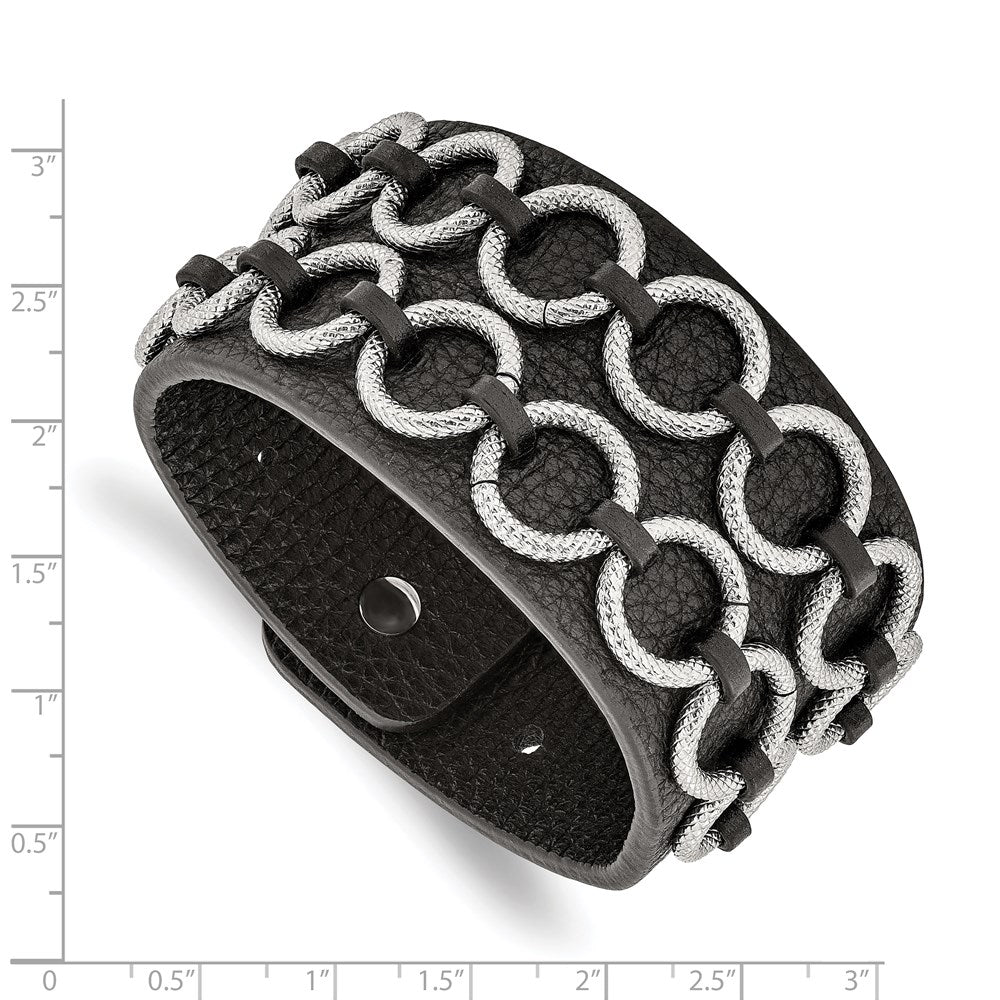 Stainless Steel Polished Textured Black Leather 7.75in Bracelet