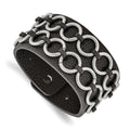 Stainless Steel Polished Textured Black Leather 7.75in Bracelet
