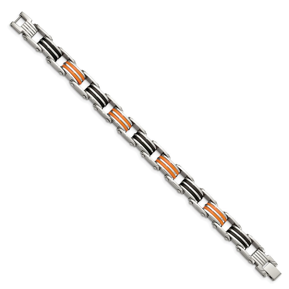 Chisel Stainless Steel Polished with Black and Orange Rubber 8.75 inch Link Bracelet