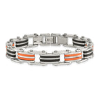 Chisel Stainless Steel Polished with Black and Orange Rubber 8.75 inch Link Bracelet