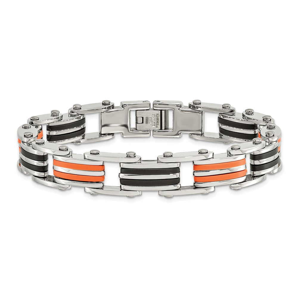 Chisel Stainless Steel Polished with Black and Orange Rubber 8.75 inch Link Bracelet