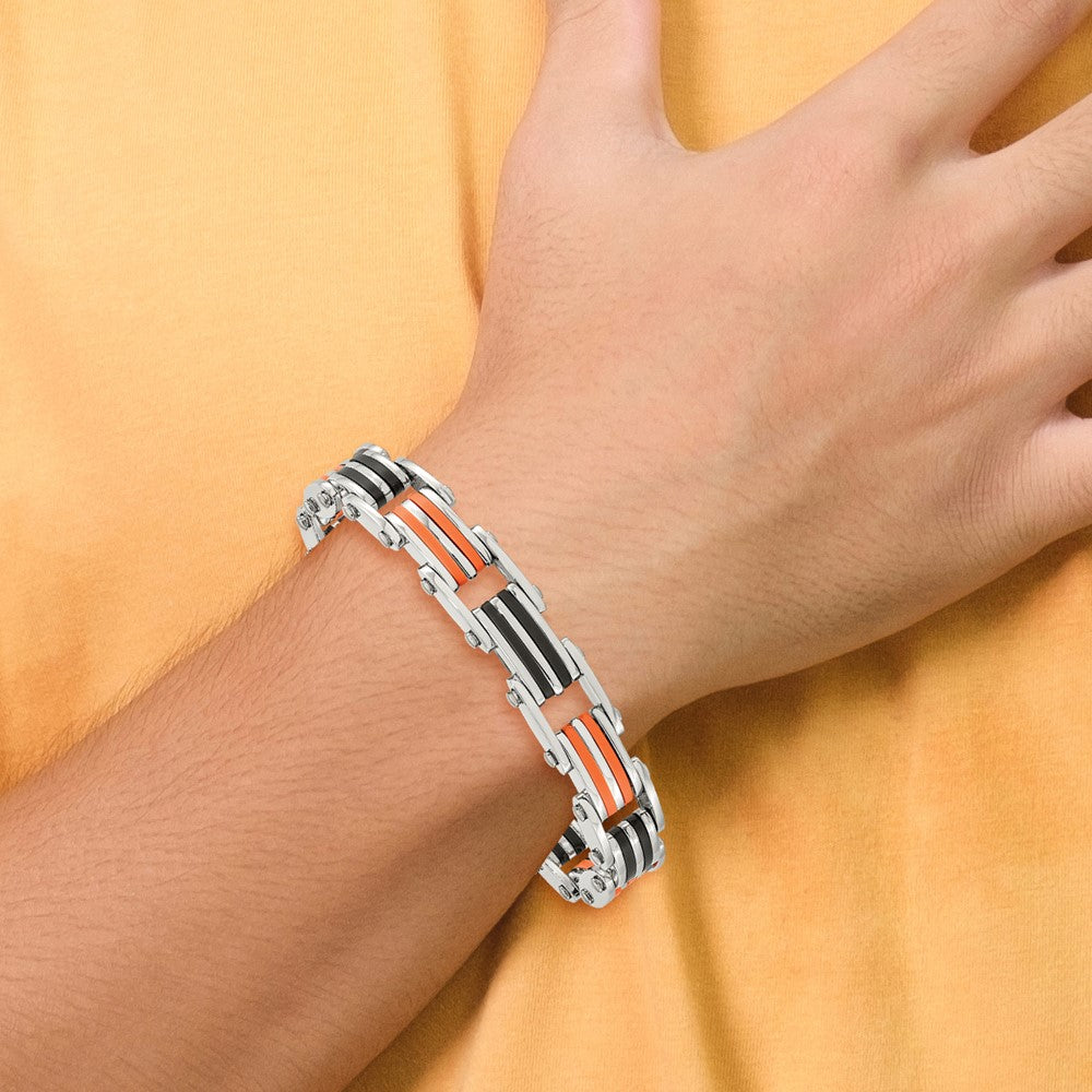 Chisel Stainless Steel Polished with Black and Orange Rubber 8.75 inch Link Bracelet