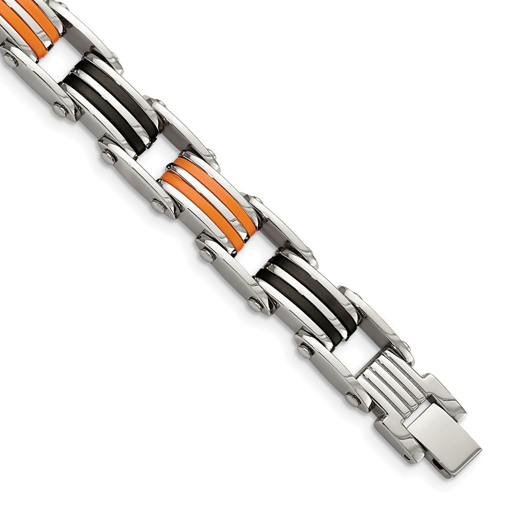 Chisel Stainless Steel Polished with Black and Orange Rubber 8.75 inch Link Bracelet