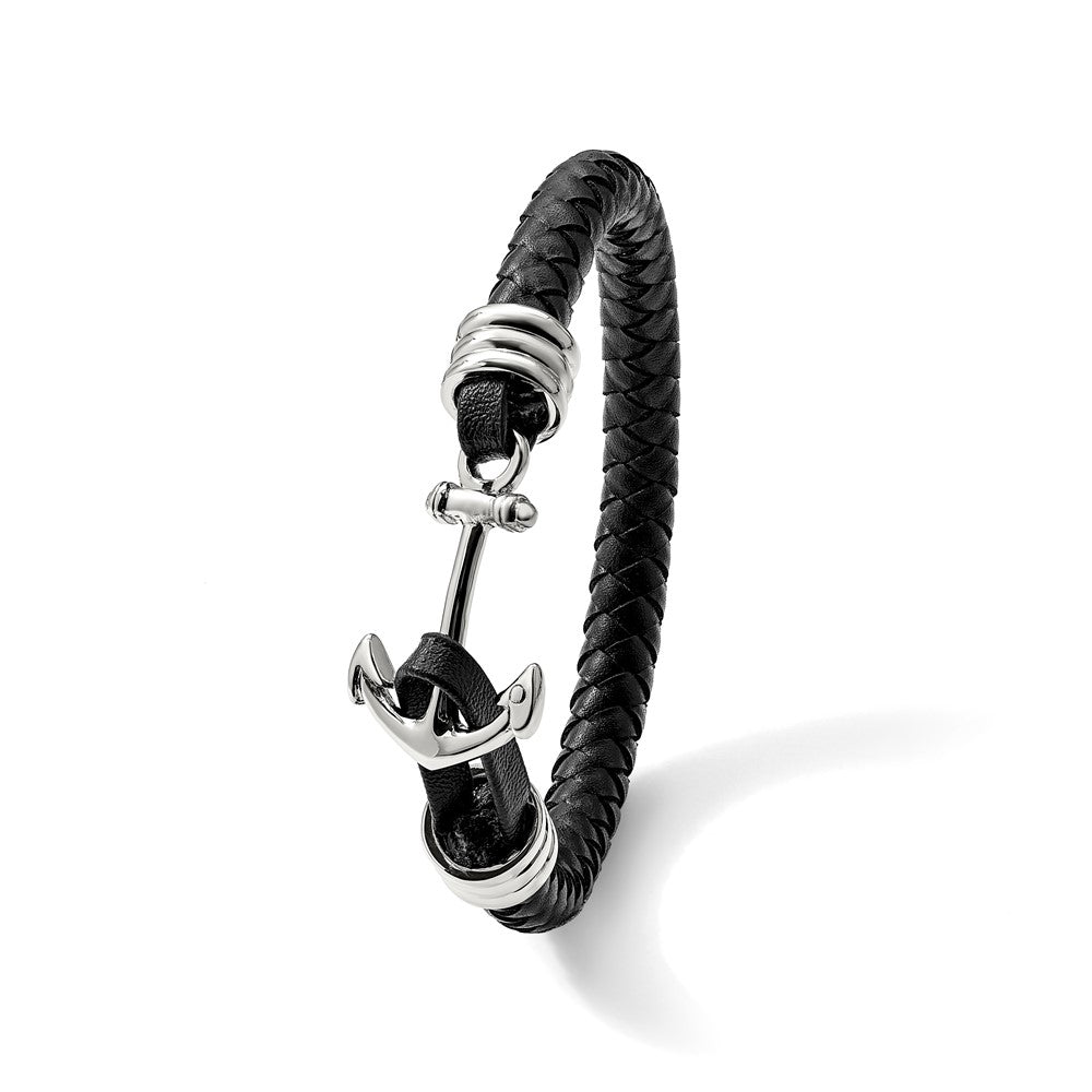 Chisel Stainless Steel Polished Anchor Black Braided Leather 8.5 inch Bracelet