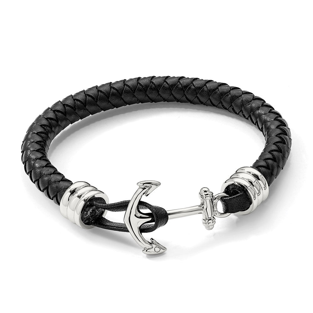 Chisel Stainless Steel Polished Anchor Black Braided Leather 8.5 inch Bracelet