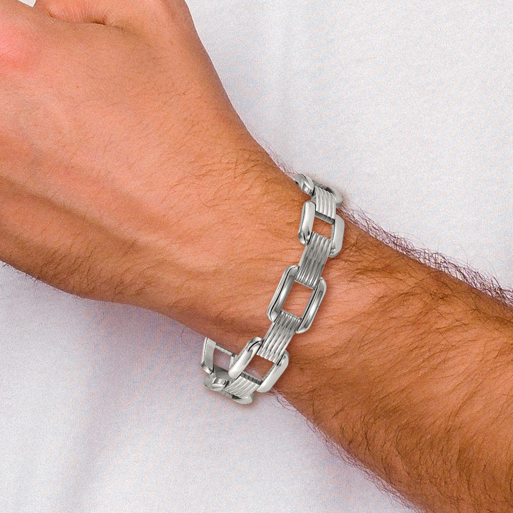 Chisel Stainless Steel Polished and Textured 8.5 inch Rounded Square Open Link Bracelet