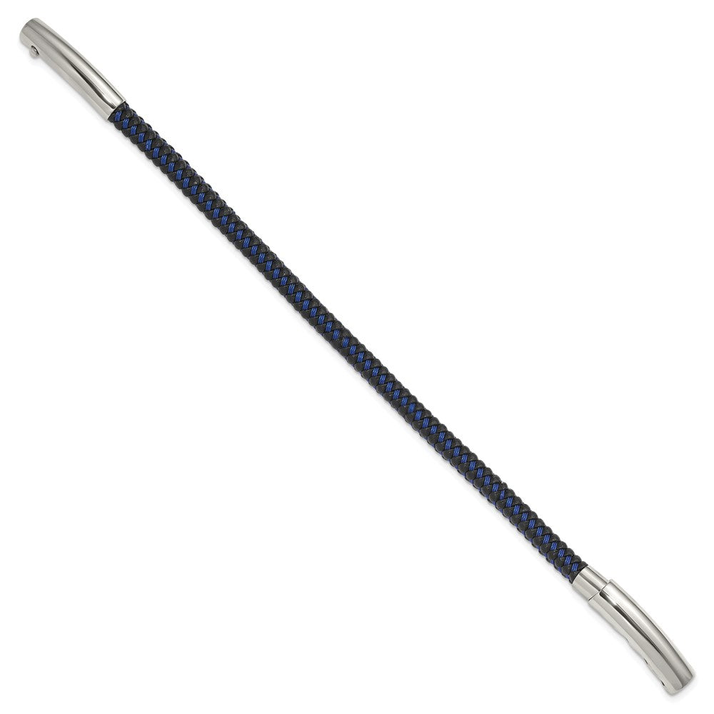 Chisel Stainless Steel Polished Blue Wire and Black Polyurethane Adjustable 7.75 to 8.25 inch Bracelet