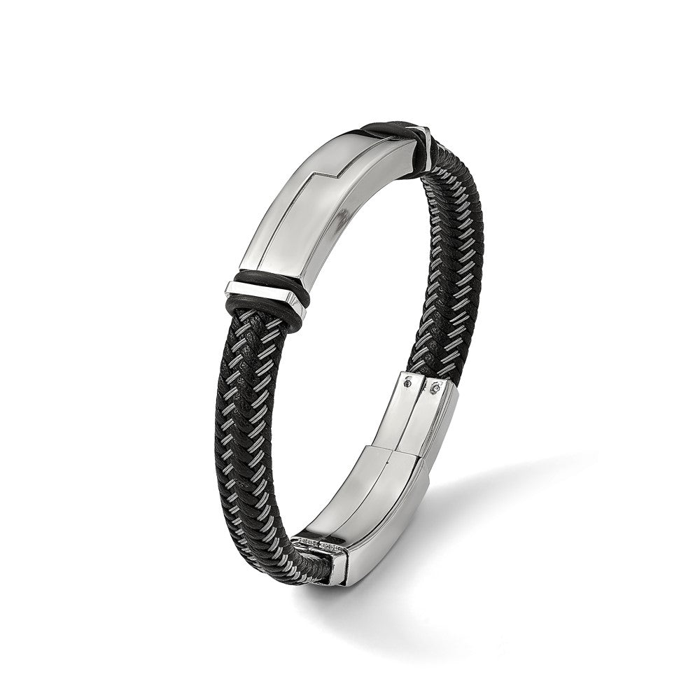 Chisel Stainless Steel Polished Braided Wire and Black Leather with Rubber Adjustable 8.25 to 8.75 inch ID Bracelet