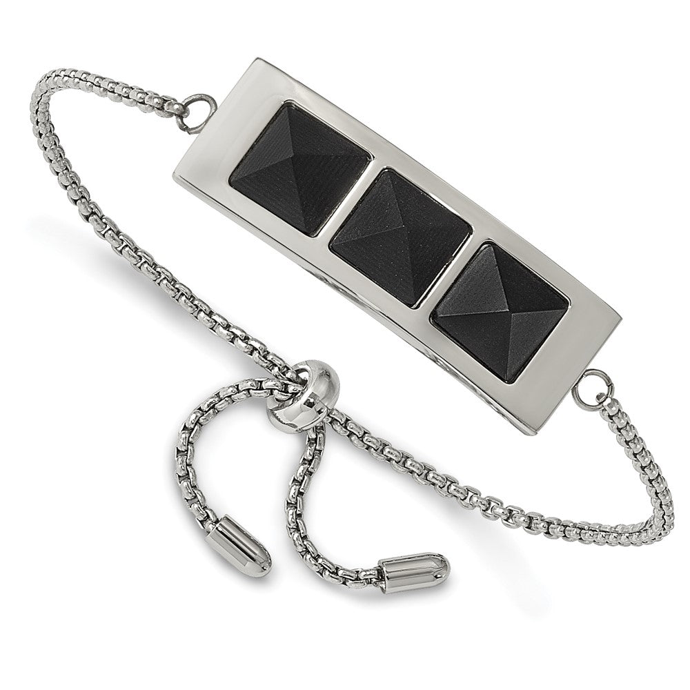 Stainless Steel Brushed and Polished w/Solid Blk Carbon Fiber Adj Bracelet