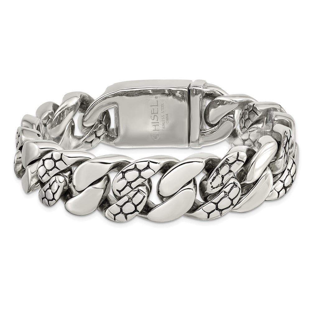 Chisel Stainless Steel Polished and Textured Snake Skin Design 8.5 inch Curb Bracelet