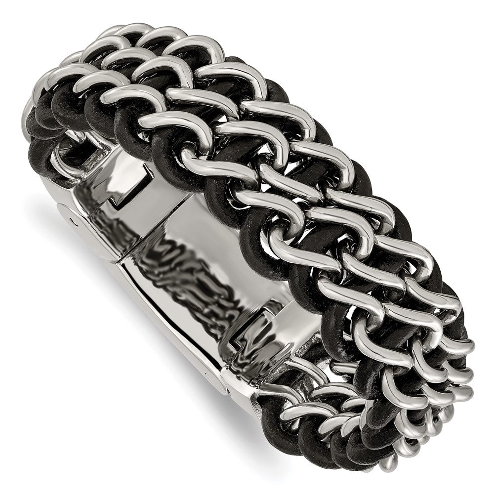 Chisel Stainless Steel Polished Black Leather 8.75 inch Bracelet
