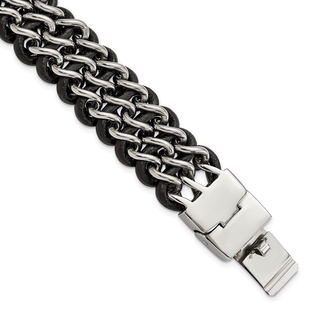 Chisel Stainless Steel Polished Black Leather 8.75 inch Bracelet