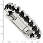 Stainless Steel Polished Black Leather 8.5in Bracelet
