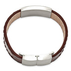 Stainless Steel Brushed Dark Brown Leather 8.5in ID Bracelet