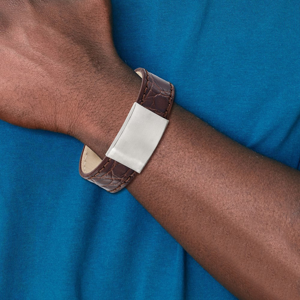 Stainless Steel Brushed Dark Brown Leather 8.5in ID Bracelet