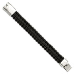 Stainless Steel Polished Flat Braided Black Leather 8.5in Bracelet