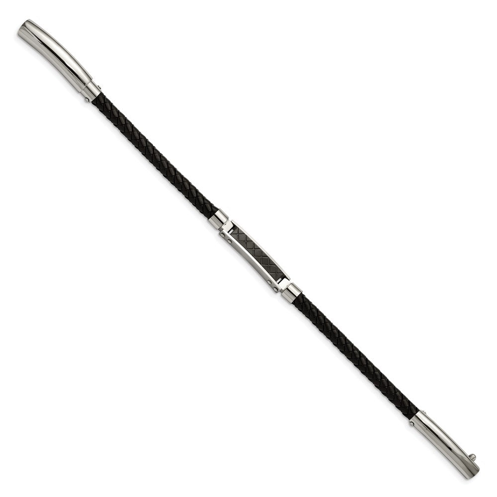 Chisel Stainless Steel Polished and Textured Black IP-plated Black Braided Leather Adjustable 7.5 and 8 inch Bracelet
