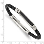 Chisel Stainless Steel Polished and Textured Black IP-plated Black Braided Leather Adjustable 7.5 and 8 inch Bracelet