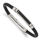 Chisel Stainless Steel Polished and Textured Black IP-plated Black Braided Leather Adjustable 7.5 and 8 inch Bracelet