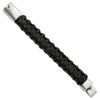 Stainless Steel Polished Rounded Braided Black Leather 8.5in Bracelet
