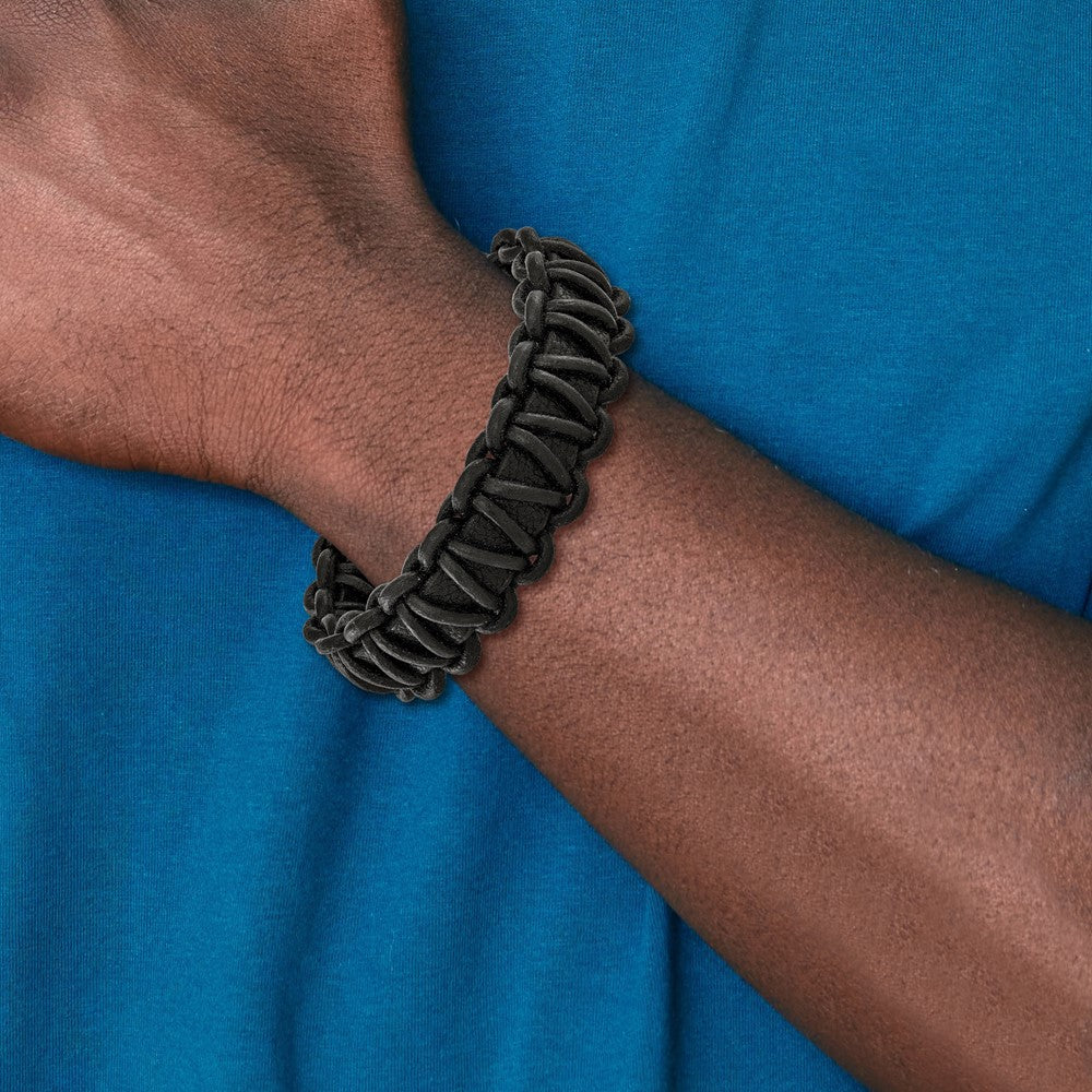 Stainless Steel Polished Rounded Braided Black Leather 8.5in Bracelet